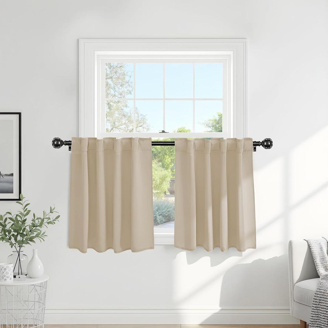 PONY DANCE Beige Valances Tiers for Kitchen - Short Room Darkening Small Curtains for Half Cafe Basement/Bathroom, 42 W x 36 Inches L, Biscotti Beige, Double Panels