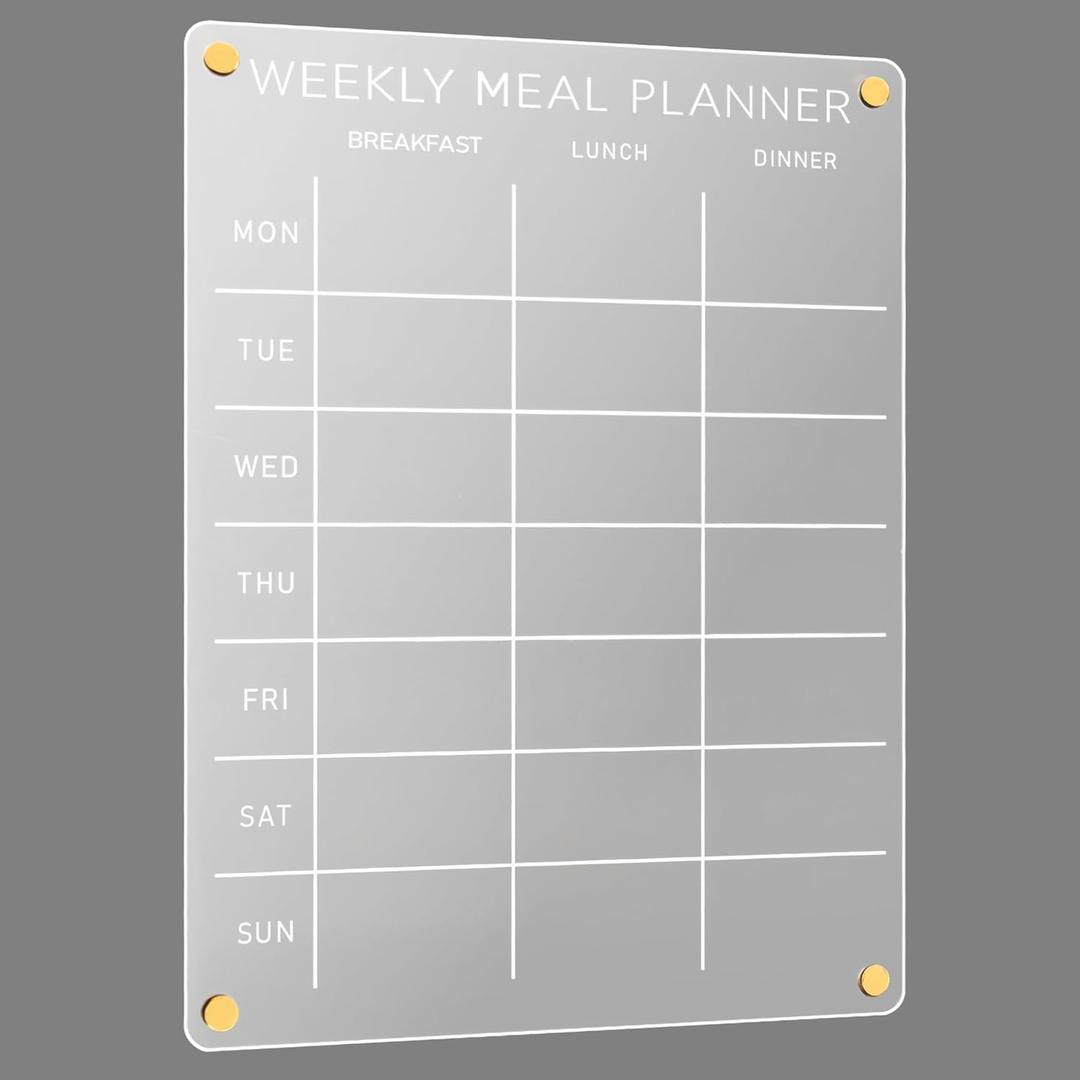 Acrylic Weekly Meal Planner  Clear Magnetic Dry Erase Menu Board for Fridge, Refrigerator Calendar & Grocery List Board