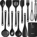 Silicone Cooking Utensils Set - 600F Heat Resistant, Nonstick Kitchen Utensil Set with Spatulas, Spoons, Whisk, Tongs, BPA Free, Dishwasher Safe, Black