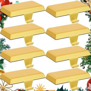 Oleitodh 8 Pack Metal Gold Christmas Stocking Holders for Mantle Heavy Duty Stocking Hangers Stocking Hook Christmas Ornaments for Counter Tables Window Fireplace Mantle Decoration (5 x 2.6 in 8 PCS)