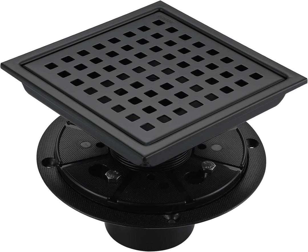 6 Inch Square Shower Drain Kit, Matte Black 304 Stainless Steel with Removable Grate & Hair Strainer for Tile-in Installation and ABS Flange
