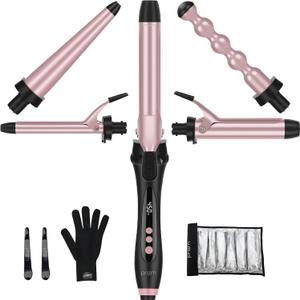 Prizm Curling Iron Set with Clamp, 5 Interchangeable Barrel Curling Wand, Hair Wand 11 LCD Adjustable Temp, 0.6 to 1.25 Inch, Bubble Wand, Tapered Curling Iron Travel Dual Voltage Rose Pink