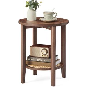 VASAGLE Round Side End Table, 2-Tier Boho Bedside Table with Rattan-Look, 1 Pack
