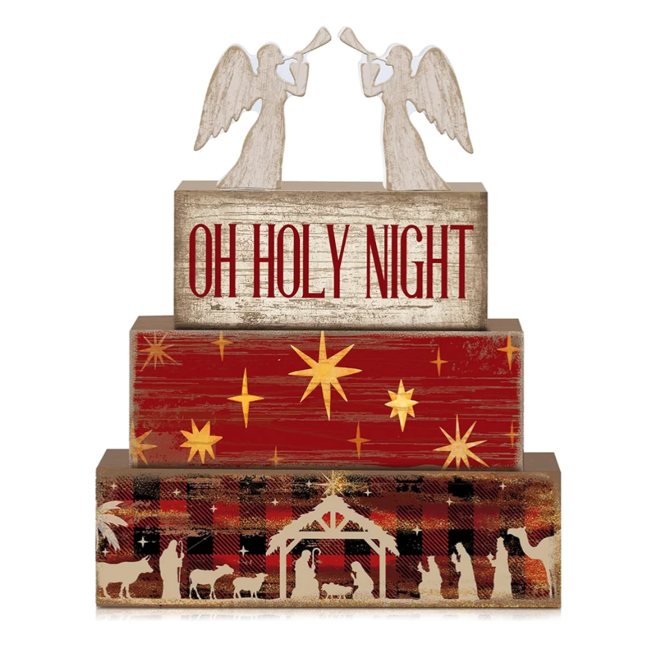 4 Pcs Wooden Christmas Nativity Tiered Tray Decor Rustic Wood Angel Block Sign Gift Kitchen Centerpiece Nativity Scene Table Decor (Jesus)