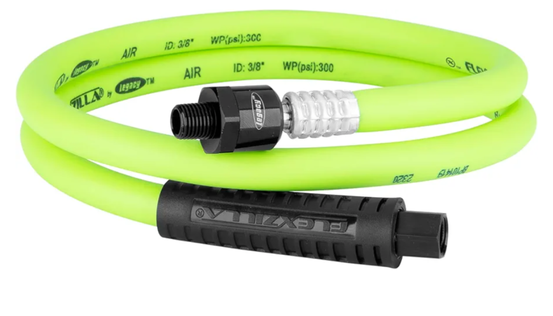 Flexzilla Swivel Whip Air Hose, 3/8 in. x 4 ft. (1/4" MNPT Ball Swivel x 1/4" FNPT Ends), Heavy Duty, Lightweight, Hybrid, ZillaGreen - HFZ3804YW2B