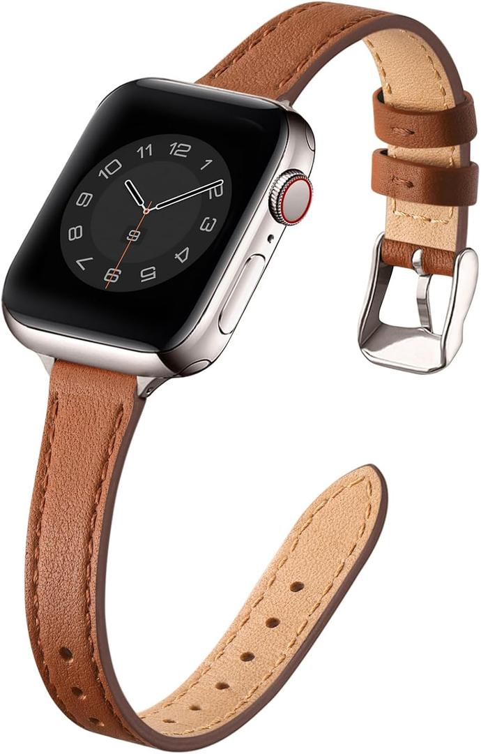STIROLL Slim Leather Bands Compatible with Apple Watch Band 38mm 40mm 41mm 42mm(Series 11 10), Top Grain Leather Watch Thin Wristband for iWatch SE 9 8 7 6 5 4 3 2 1 (Brown Starlight Silver)