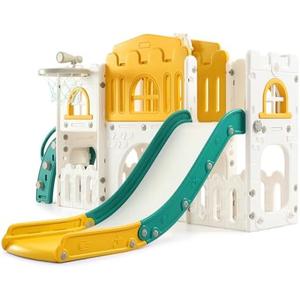 Garvee Toddler Slide 8in1 Indoor Outdoor Playset Age1-3Green | Baby Playset for Indoor Outdoor Playground with Climber, Crawling Tunnel, Basketball Hoop, Telescope, Toy Storage
