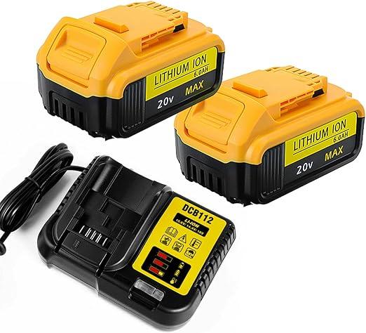 2PC DCB206 6.0Ah Battery Replacement for Dewalt 20V Battery DCB203 DCB206-2 DCB201 DCB204 Compatible with Dewalt 20 Volt Battery DCD985B DCD771C2 DCS355D1 Power Tools+1 x DCB105 Charger