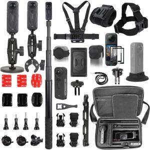PellKing Accessories Kit for insta360 X5,Included Carrying Case with Belt,2 Pcs Metal 1/4" Adapter,Handlebar Clamp,Magnetic Mount,43in Selfie Stick,Chest Strap,Head Strap,Backpack Mount,and Others