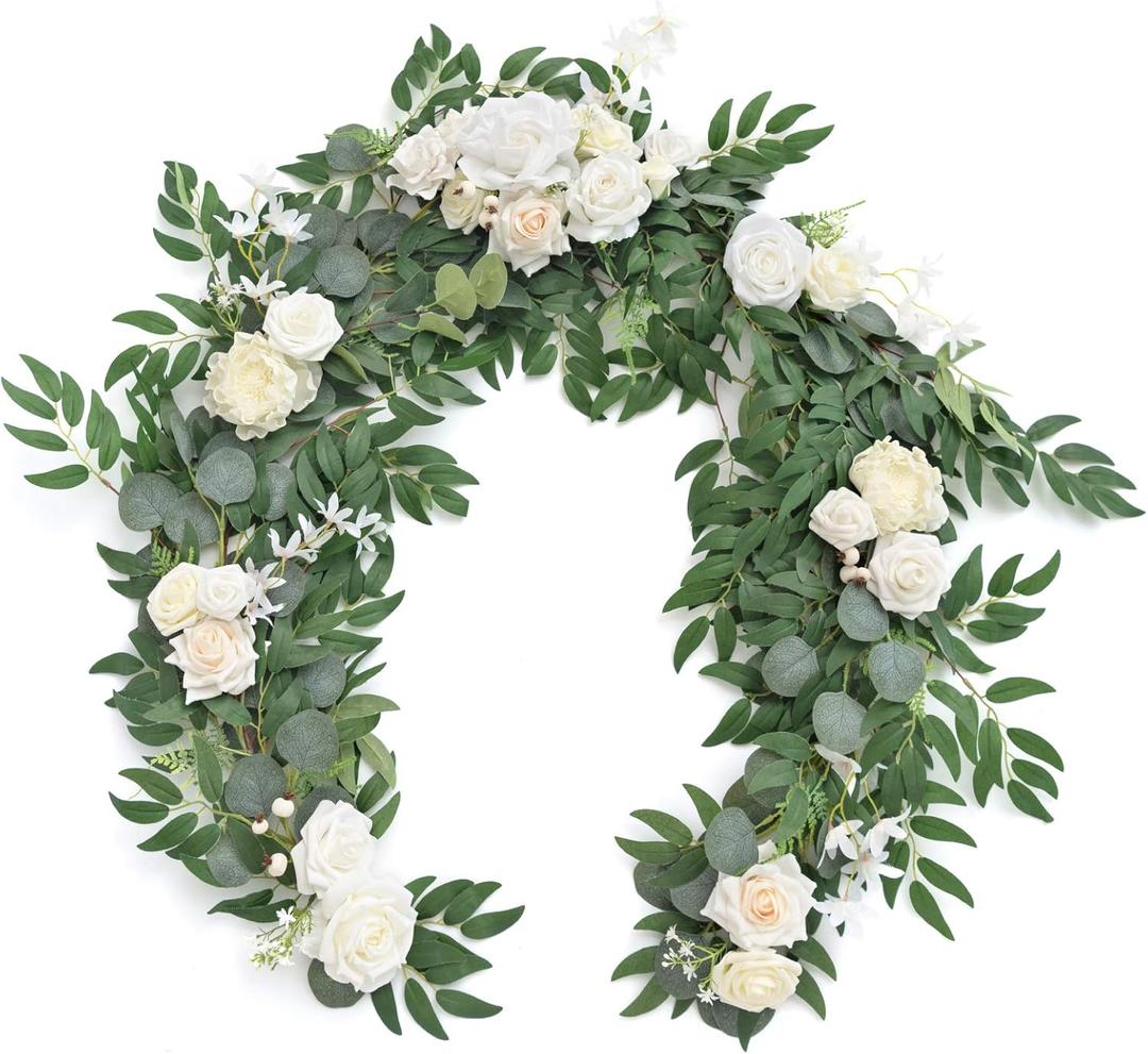 Ling's Moment Flower Garland - 6FT Eucalyptus & Rose - Sweetheart Table Decor for Wedding Reception, Artificial Floral Garland for Mantle, Spring Garden Ceremony, Christmas Decoration, Ivory White