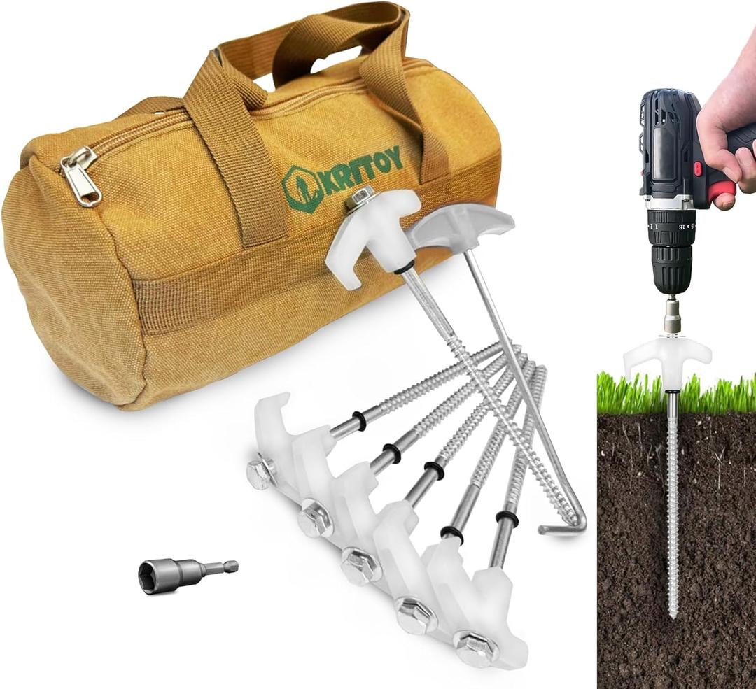 16 Pack Tent Stakes Heavy Duty - 8" Ground Anchors Screw in - Camping Stakes with Grow in The Dark Heads - Metal Threaded Tent Spikes with 1 Hex Head Driver, 1Stopper T Pull Hook and Storage Bag