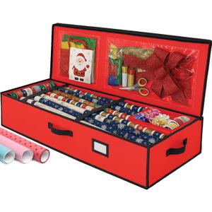 Christmas Wrapping Paper Organizer Storage Box, Straps/Pockets, 40" Heavy-Duty Gift Wrap Storage Holder for Bags, Bows, Tags, Ribbons, Holiday Decorations, Fits Up to 24 Rolls Underbed Container (Red)