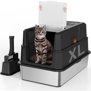 SZEE Stainless Steel Cat Litter Box with 180°Flip-Top Lid, Easy Clean XL Enclosed Litter Box, Large Covered Steel Cat Box with Scoop, Odor Control and Anti-Urine Leakage, 23.2 x 15 x 15 Inch, Black