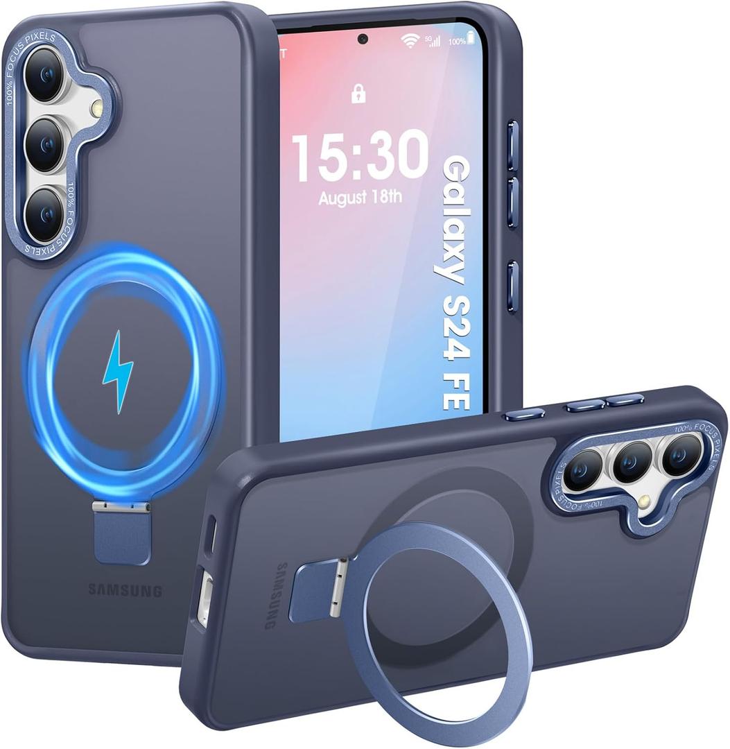 HuwaiH Magnetic Stand for Samsung Galaxy S24 FE Case, Military-Grade Protection, Anti-Fingerprint Anti-Scratch Translucent Matte Phone case for Samsung Galaxy S24 FE(Dark Blue)