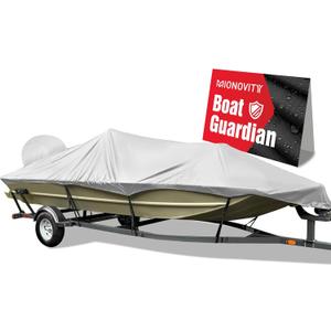 800D Heavy Duty Waterproof Boat Cover 14-16 ft (14',15',16') with Motor Cover - Fits Bass/V-Hull/Runabout/Fishing/Bowrider Boats - Canvas Protective Cover for 14 15 16 Foot Boats (Length 14-16 ft, Beam Width: up to 68", Grey)