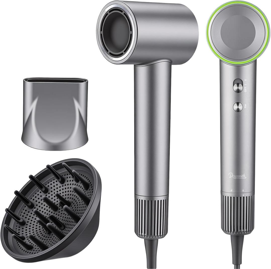 High Speed Ionic Hair Dryer, 160,000 RPM Brushless Motor for Fast Drying, 3.7 Billion Negative Ions for Smooth Hair, Low Noise Portable Blow Dryer with Diffuser & Concentrator, Grey
