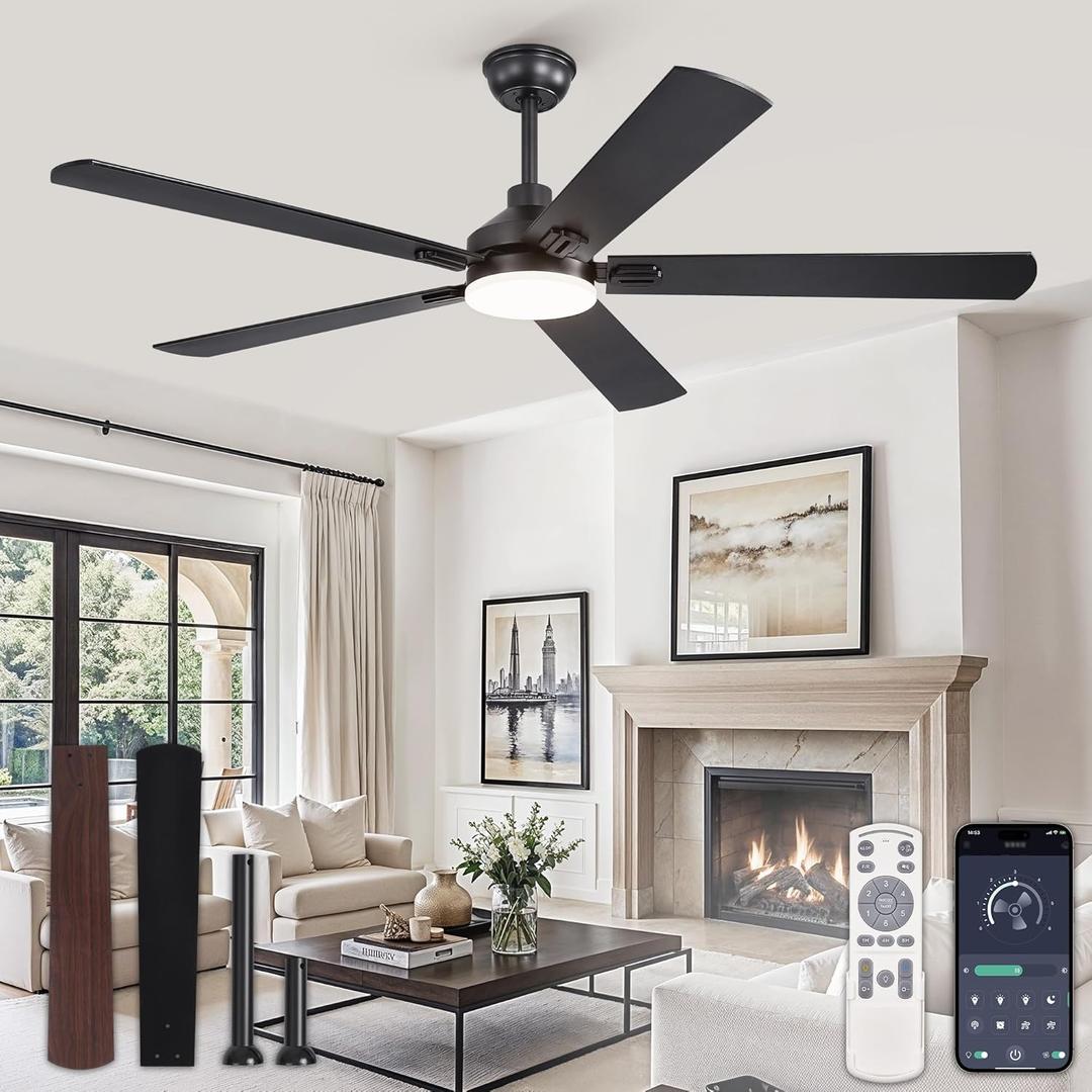 ZMISHIBO 60" Ceiling Fans with Lights, Black Modern Ceiling Fan with Remote, Farmhouse Indoor Ceiling Fan with Dual Finish Blades, Quiet & Strong Motor, Bright LED Light.