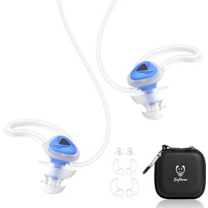Ear Plugs for Swimming Surfing with String, Block Out Water Let Sound in, Reusable Comfy Custom-fit Swimmer Earplugs for Snorkeling, Shower, Pool, Swim, Bath, Kayaking, Other Water Activities (Navy+lanyard)