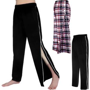 2 Pcs Post Surgery Tearaway Pants for Men Women Unisex 2 Side Zippers off Full Open Lightweight Sweatpants (Black, Red Checks), XL