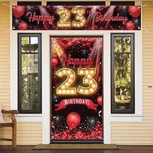 Happy 23rd Birthday Door Cover Porch Banner Sign Set - 23 Years Old Birthday Decoraions Party Supplies for Women Men - Red