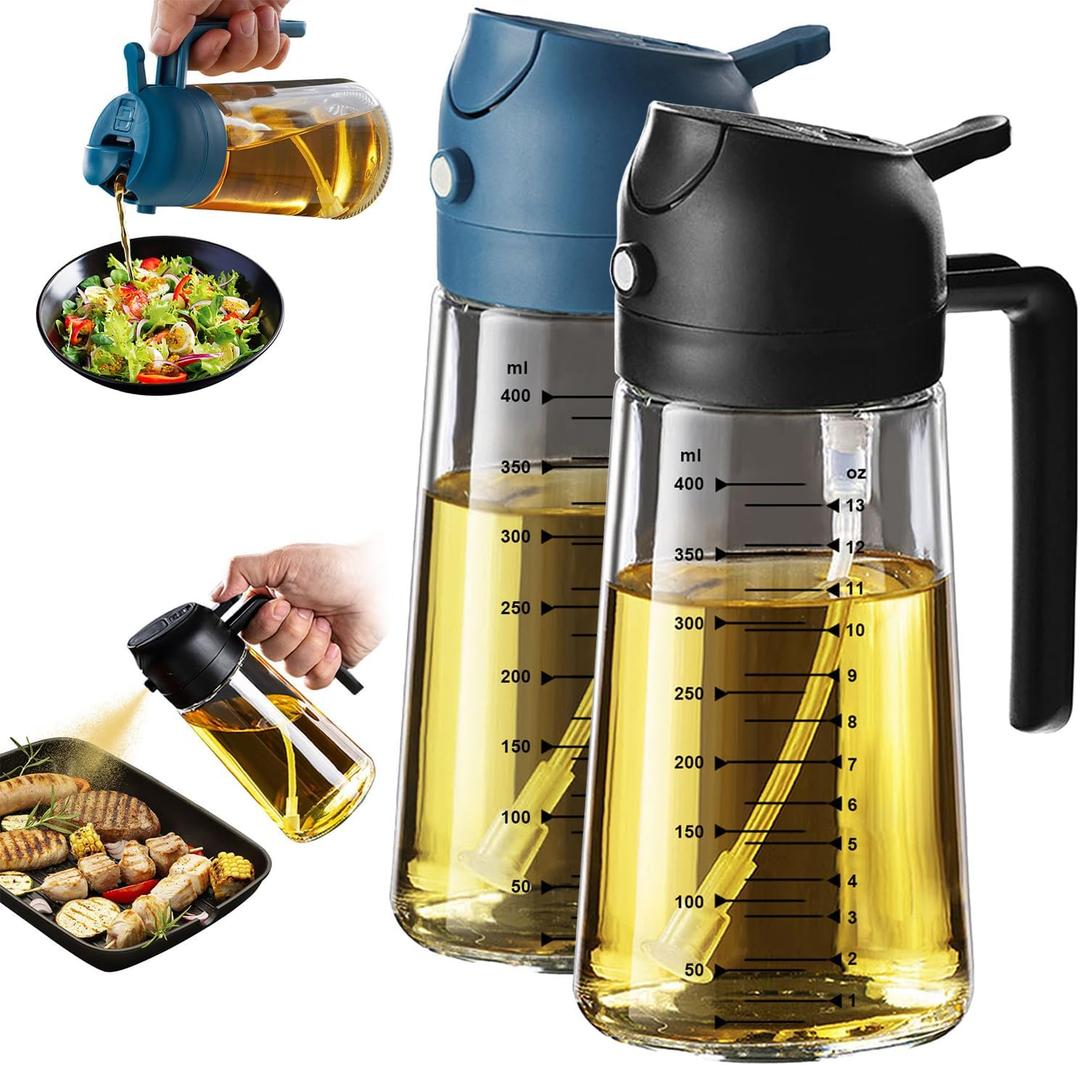 TrendPlain 16oz/470ml Glass Olive Oil Sprayer for Cooking 2 in 1 Olive Oil Dispenser Bottle for Kitchen Gadgets and Air Fryer Accessories, Salad, BBQ - Black & Navy