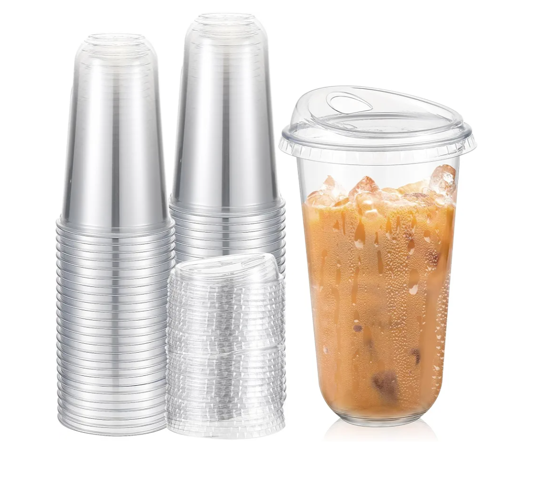 50 Sets Clear Plastic Coffee Cups with Sip Lids, Disposable Plastic PET Crystal Cups for Iced Coffee, Smoothie, Cold Beverage, Drink Shops and Party Catering(Clear,18 oz)