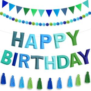 4PCS Pre-Strung Happy Birthday Banner - Felt Happy Birthday Garland, Ball Garland, Felt Pennant Flag, Blue Thread Tassel Reuasble Party Decorations for Boys Men Kids