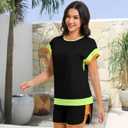 Women Shorts Sets 2-Piece Outfits Summer Casual Short Sleeve Beach Cruise Wear Lightweight Loungewear (Black, S)