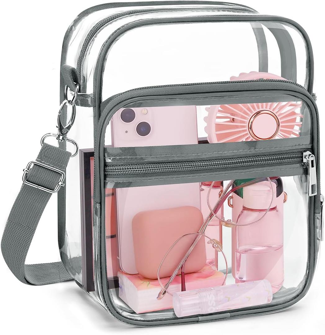 Blvornl Clear Crossbody Bag with Adjustable Shoulder Strap, Stadium Approved PVC Purse Bag, Messenger Bag (Small, Grey)