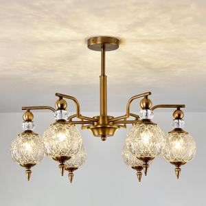Piepooye Vintage Gold Sputnik Chandelier 6 Lights Crystal Adjustable Hanging Ceiling Light Fixture Antique Large Pendant Lighting with Glass Globe Shade for Living Room Dinning Room Bedroom Kitchen