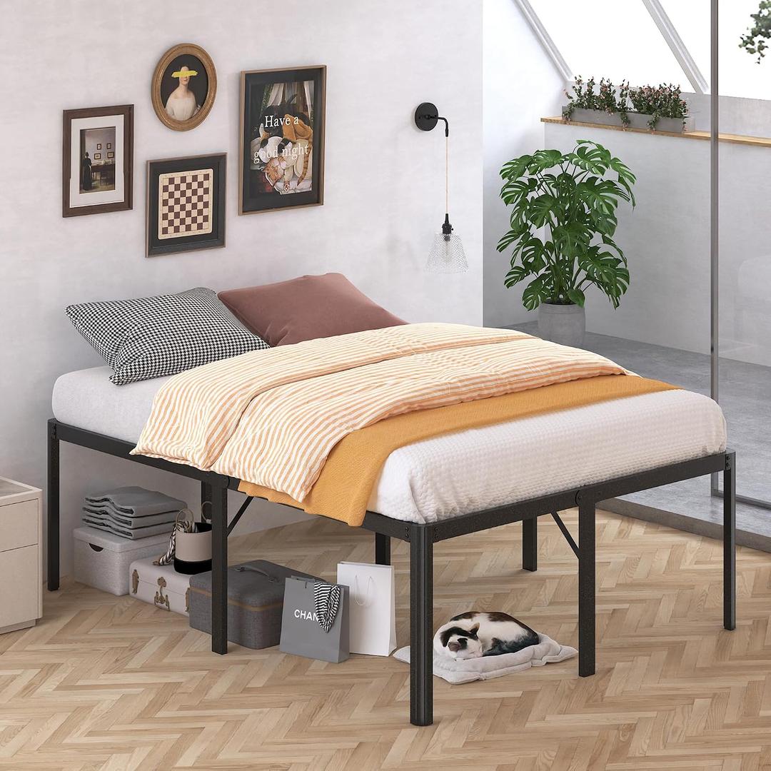 Likelalaso 24 Inch High Queen Bed Frame with Rounded Corner, Heavy Duty Metal Bed Frame Queen Size Under-Bed Storage Space, No Box Spring Needed, Noise Free, Easy Assembly, Black