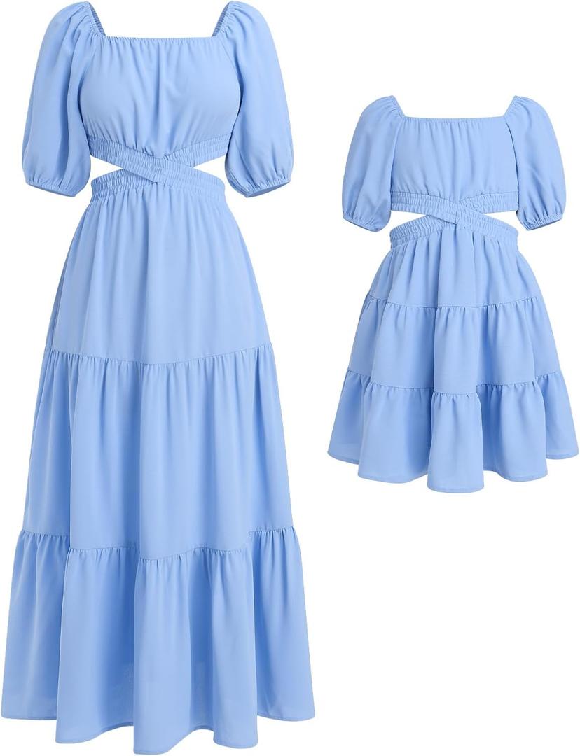 AWIBMK Mommy and Me Dresses Square Neck Solid Color Ruffled Dress with Pockets Summer Cutout Waist Tiered Matching Outfits (Small, Light Blue)