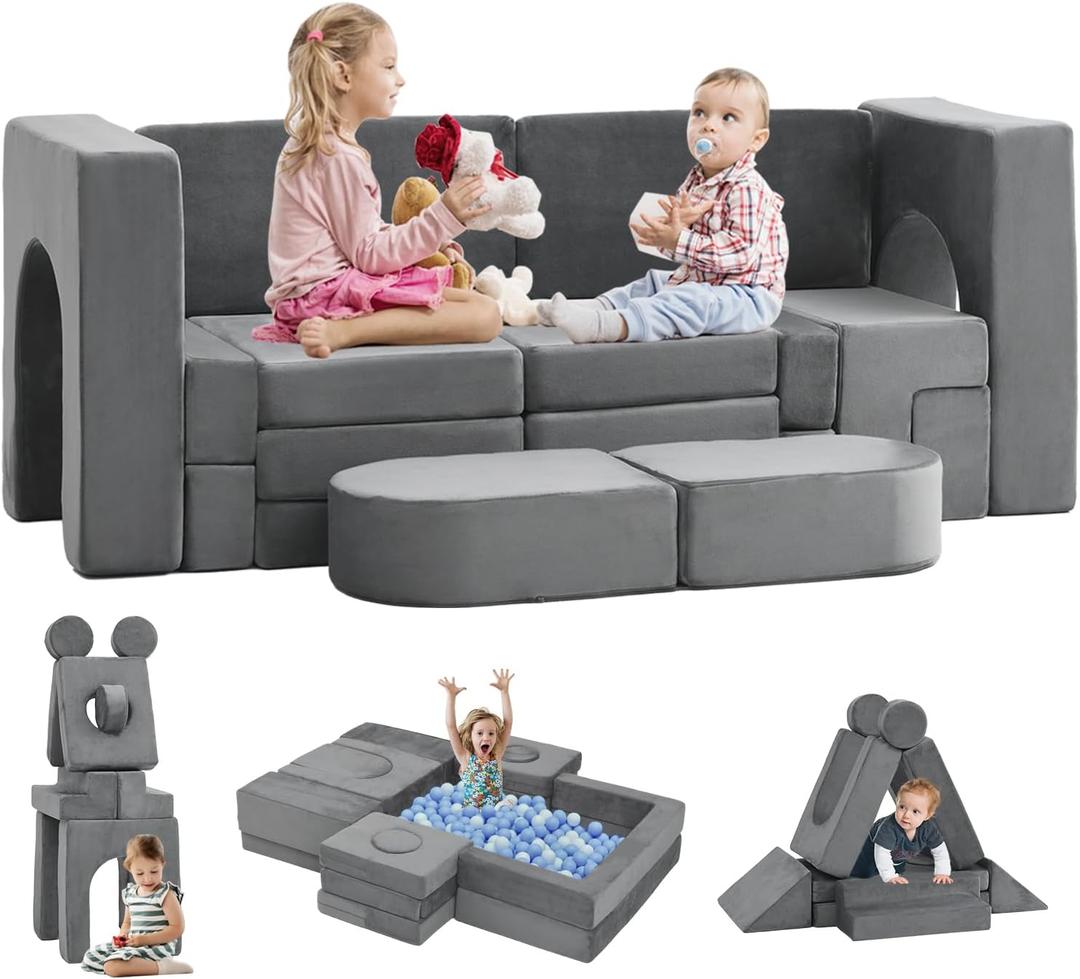 22Pcs Modular Play Couch, Floor Sofa 1000+DIY Creativing Playroom Furniture, Convertible Foam and Floor Cushion for Boys and Girls, Grey Black