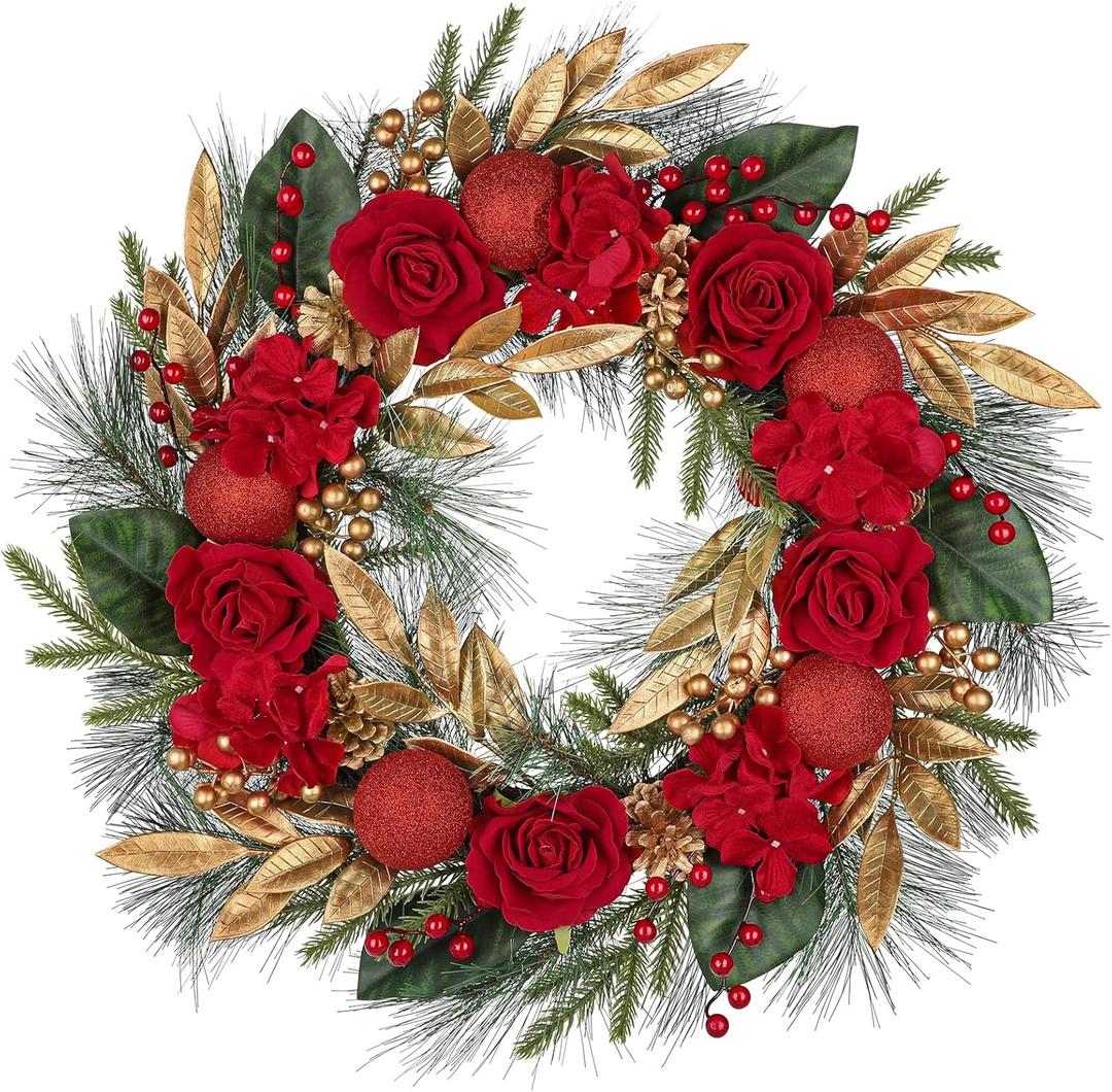 Artificial Red Christmas Wreath for Front Door 24-26 Inch Christmas Wreath with Norfolk Pine Cones Berries Gold Leaves Red Flower and Ornaments Winter Wreaths for Xmas Home Decor Indoor Outdoor Party