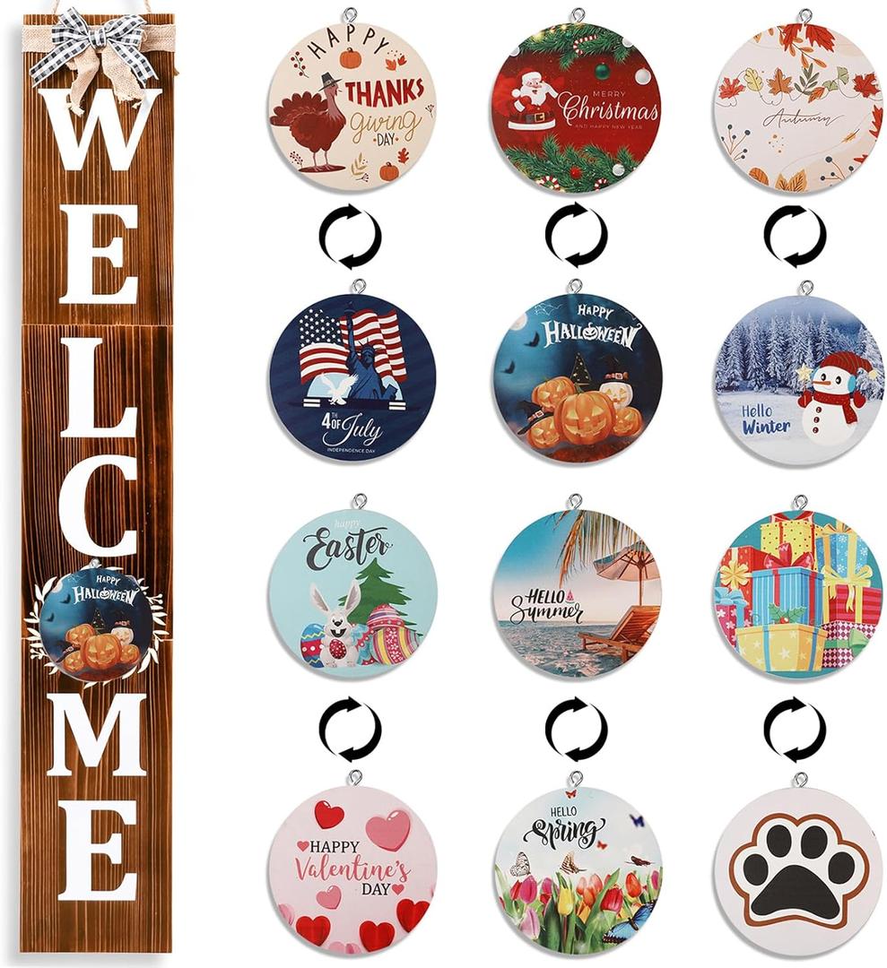 Welcome Sign for Front Porch 47inch,Wooden Interchangeable Vertical Home Wall Decor,Standing and Hanging Farmhouse Outdoor Indoor Decor Welcome Door Sign (Brown)