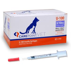 Carepoint Vet U-100 Pet Insulin Syringes, 31G x 5/16" 3/10cc, Comfortable Injection, Bold Permanent Markings for Accurate Dosage, Disposable, Box of 100
