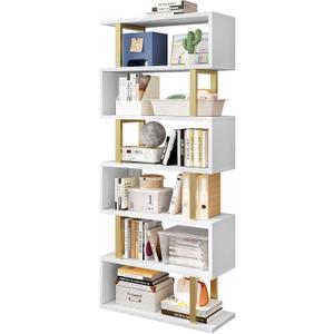 SORCEDAS Bookshelf Geometric Bookcase S Shaped Industrial Bookshelf Storage Display Stand Shelf for Living Room Bedroom and Office Room (White, 6 Tier)