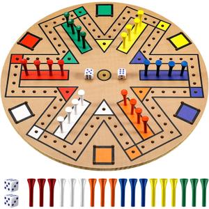 Wooden 3-6 Players Board Game Set with 24 Pieces and 2 Dice, Fast Track Game Night for Adult Teens Family Game, 6 Colors (14.2 Inch)