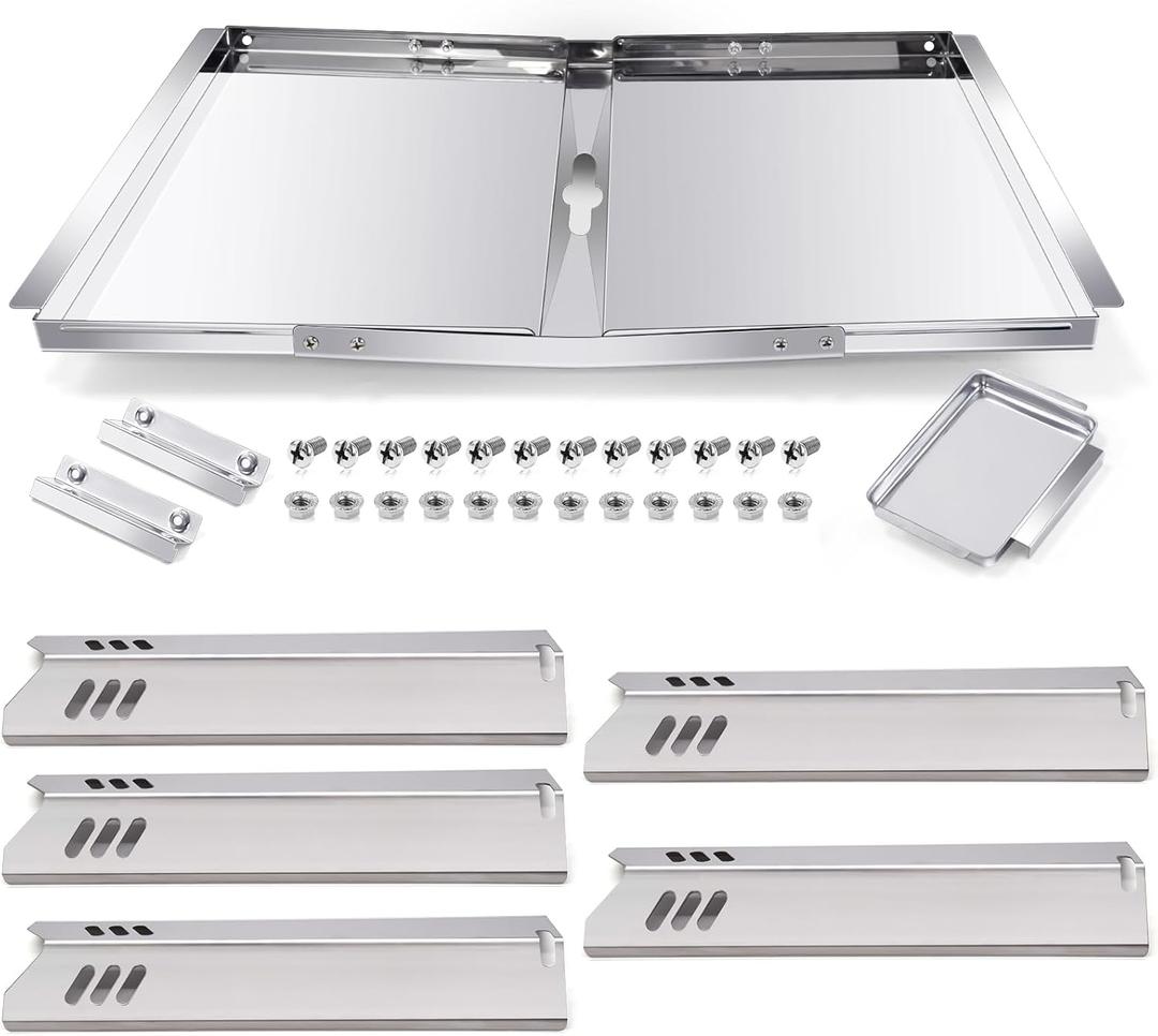 Hiorucet Adjustable 24''-30'' Grill Drip Pan Kits for Dyna Glo DGF493BNP, DGF510SBP, Backyard Grill BY13-101-001-12, Grease Tray and Heat Plate Shields for Dyna Glo Grill Replacement Parts 5 Burner.