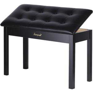 Solid Wood Duet Piano Bench with Storage, Piano Stool and Padded Cushion, Keyboard Bench with Bookcase, Piano Chair and Piano Seat with High-Density Sponges.