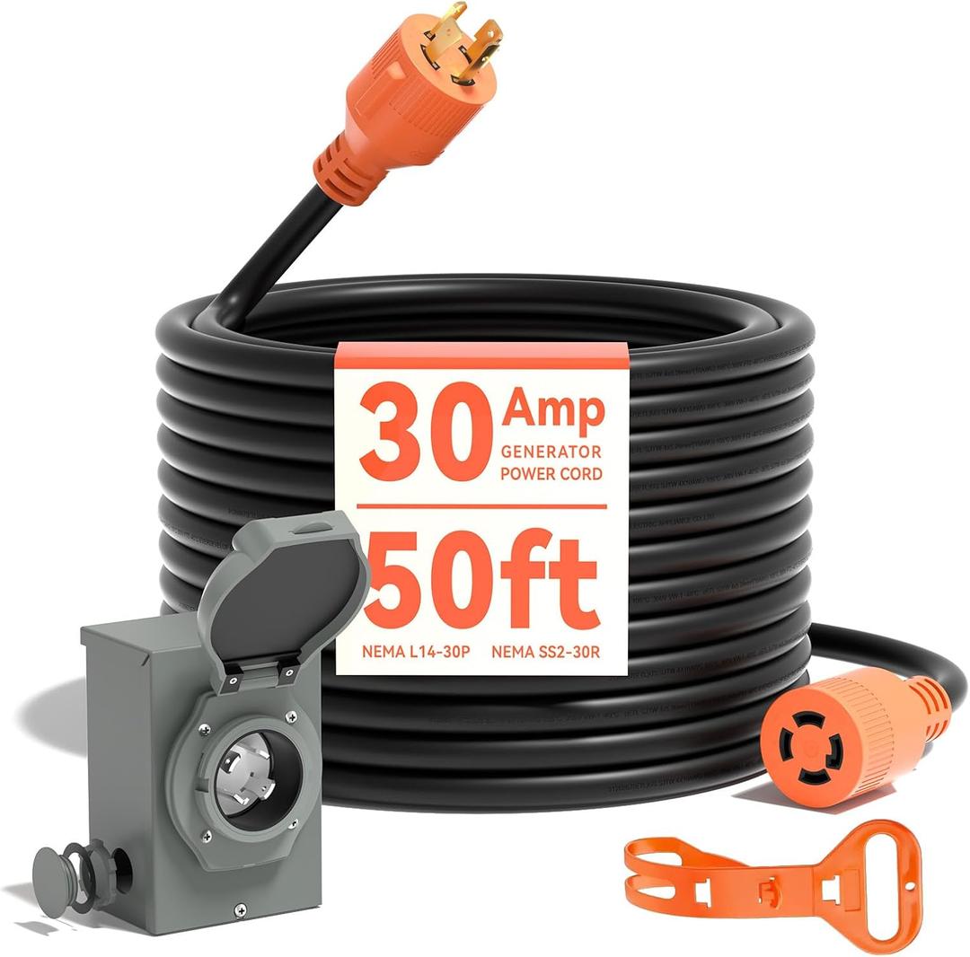 AAIN 30 AMP Generator Cord 50FT & Power Inlet Box, NEMA L14-30, ETL Listed | Pre-Drilled Weatherproof Inlet Box, 100% Copper Conductors, Flame-Retardant PVC Jacket, 125/250V, 7500W Max Storm Outdoor Use