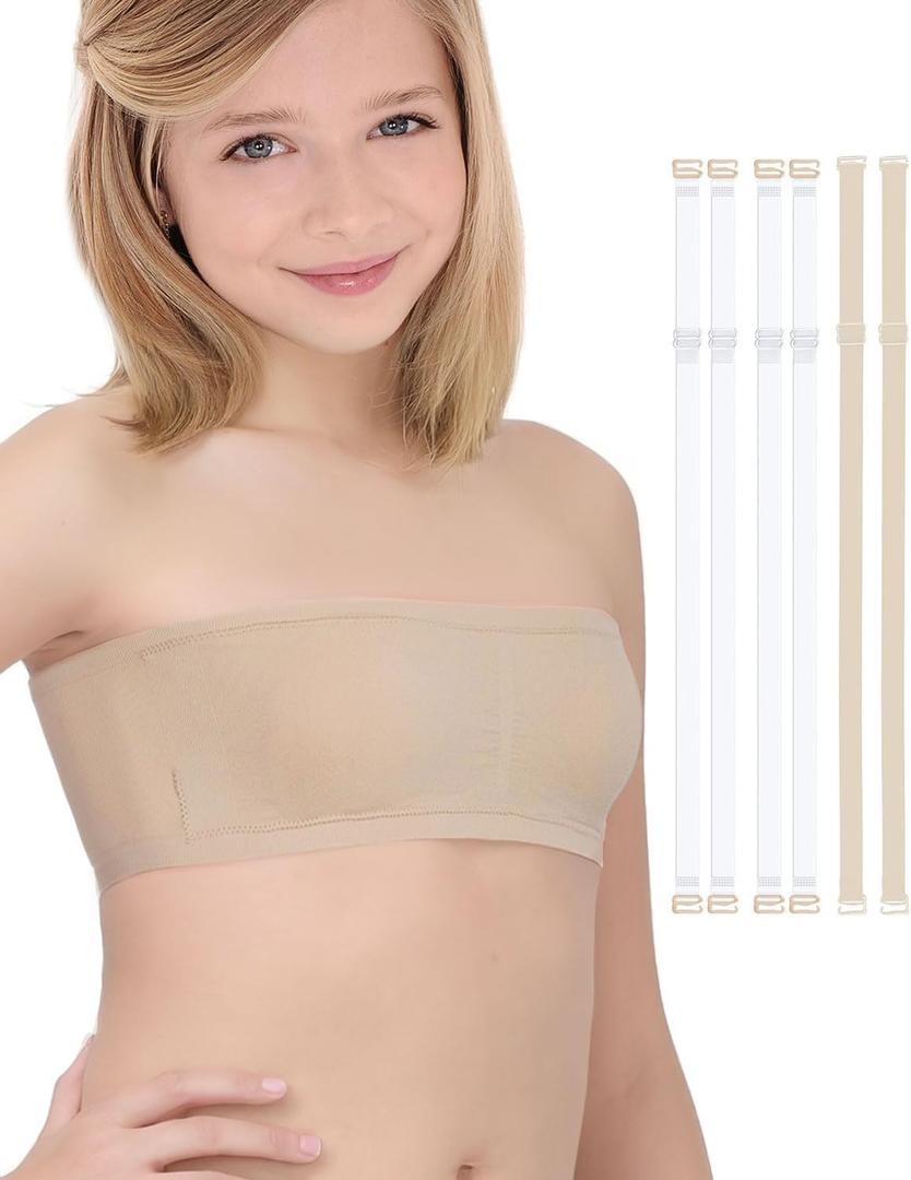 iMucci Girls Bandeau Bra Seamless Clear Strap Training Bras for Girls Sports Tube Top with Adjustable Clear Straps 7-9Y