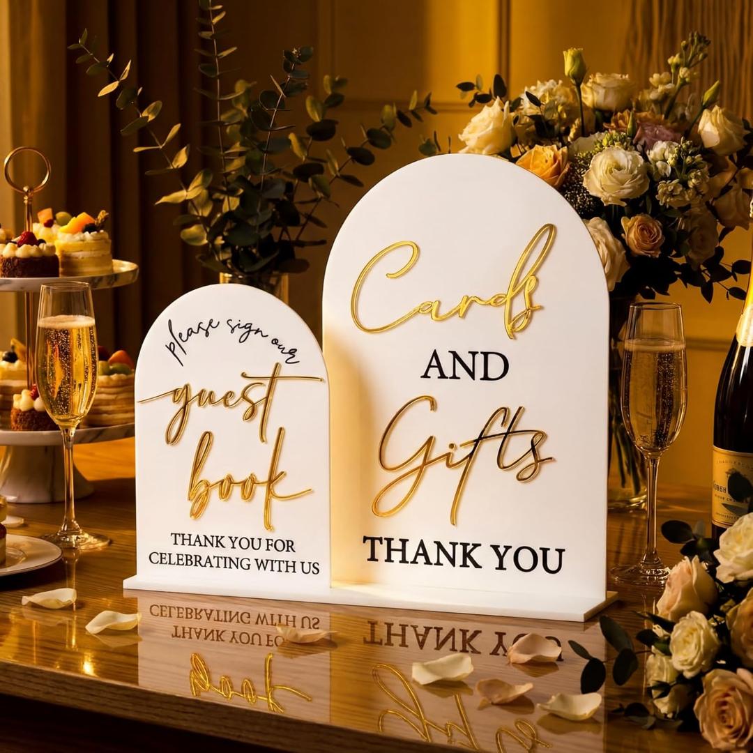 Amyhill 1 Set Acrylic Wedding Signs for Reception 8 10'' Cards and Gifts 5 x 7'' Please Sign Our Guestbook Sign with Stand Wedding Table Decor for Marriage Memorial Ceremony(Gold,Black,Classic)