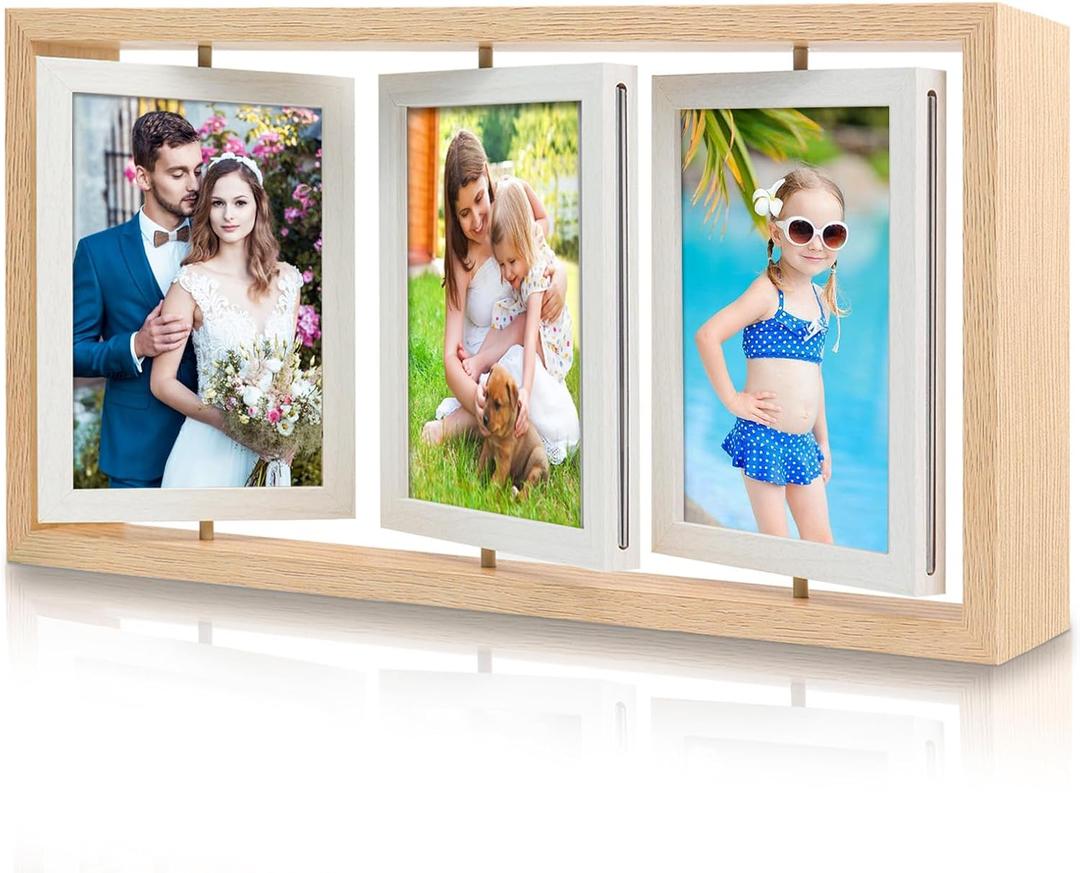 1 Pack 4x6 Rotating Photo Frame Rustic Wooden Picture Frames, Double Side-Display 6 Photos, Floating Photo Frame Family Frame for Tabletop Display (NATURAL WOOD)