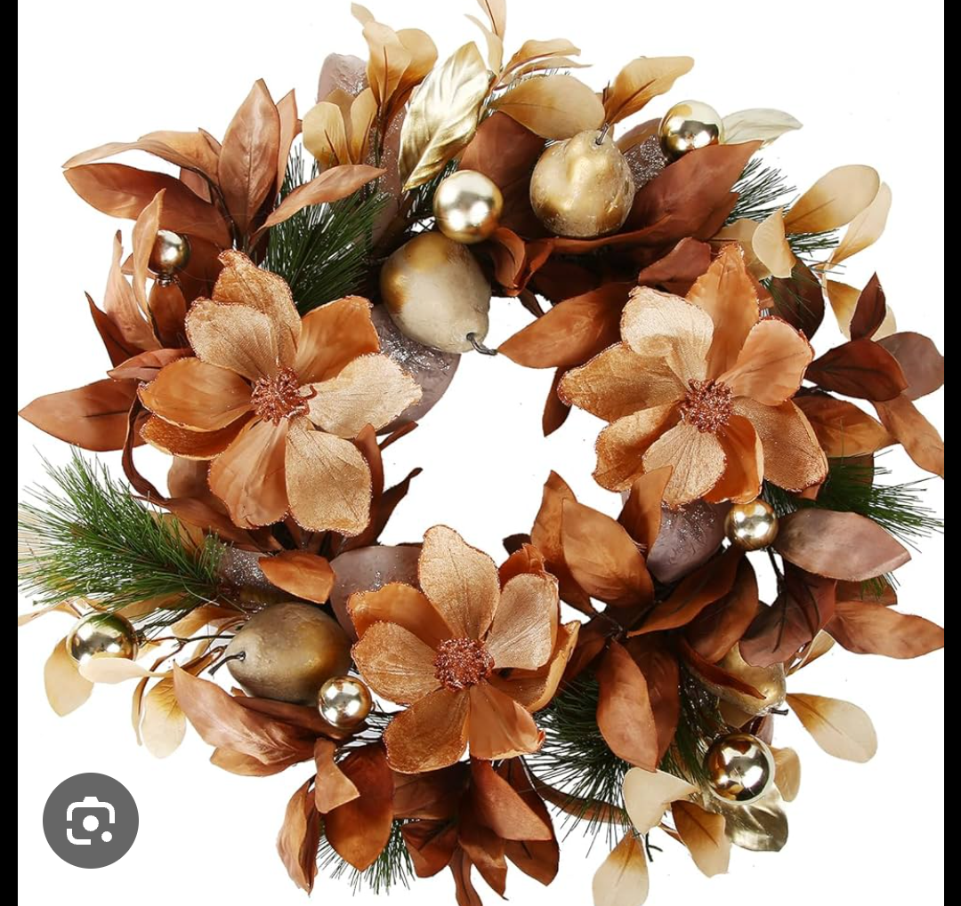 BINFEN 24" Winter Wreaths for Front Door, Gold-Brown Leaves Balls Pears Magnolia Flowers Christmas Wreath, Door Reef for Windows Fireplaces Walls, Front Porch Indoor and Outdoor Decor