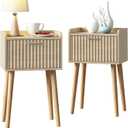 LAATOOREE Nightstand Set of 2, Small Bed Side Table with Fluted Door, End Table with Solid Wood Legs, Mid-Century Bedside Table for Bedroom Small Space (Natural)