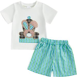 Boys 4th Of July Outfit Flag Print T-shirt Plaid Shorts