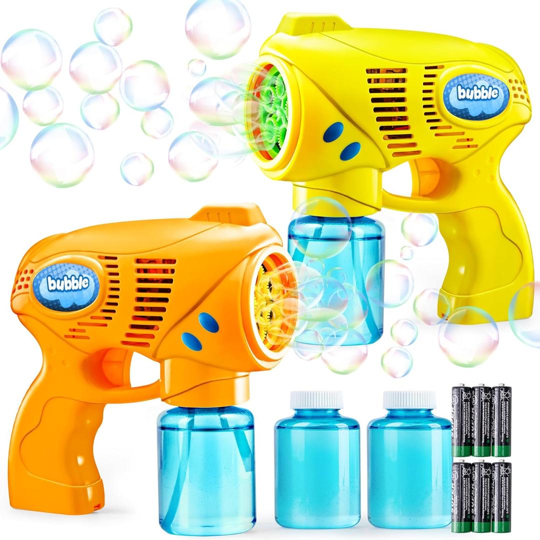 JOYIN 2 Bubble Guns with 2 Refill Solution (10 oz Total), Bubbles Maker, Blower for Kids, Toddlers, Outdoors Activity, Birthday Gift, Easter Basket Stuffers (Yellow+Orange)