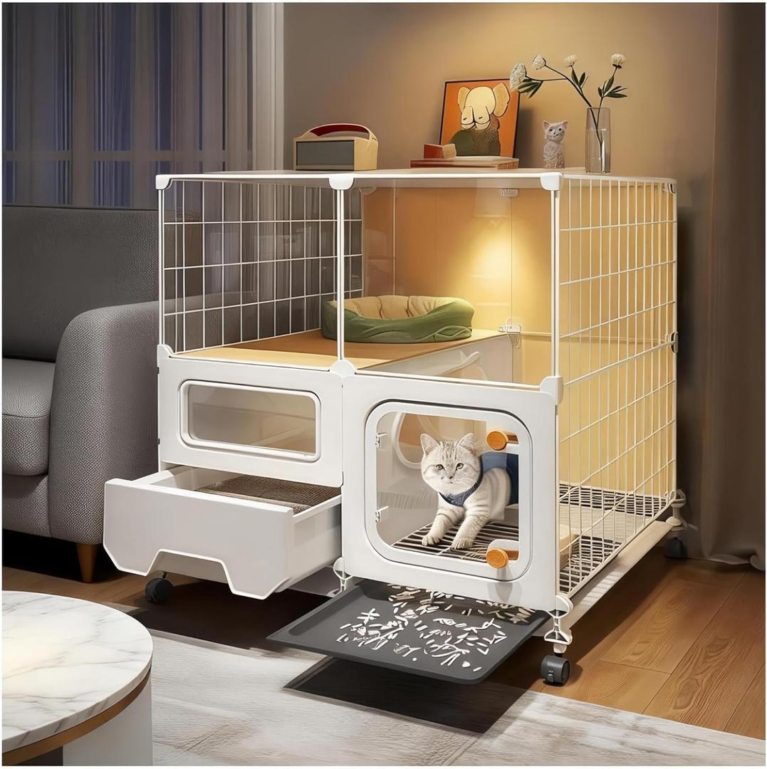 Indoor cat cage with Litter Box, Complimentary Cat Bed, Bow,lcat House with Wheels Outdoor,Large cat Villa Playpen, Small Animal Dog Kennel cat enclosures (28(L) x18(W) x34(H)