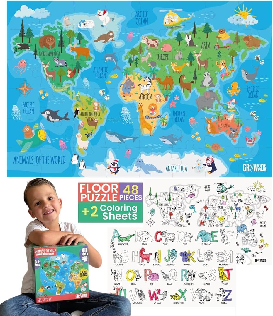 Floor Puzzles for Kids Ages 3-5 4-6 Educational 48 Piece Animals of The World with 2 Giant Coloring Posters Preschool Learning Toy Geography Continents Oceans Fun Gift Screen Free Family Playtime